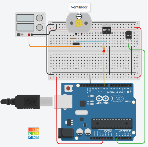Diagrama de armado de termostato automático con LM35, TIP120 y fuente de 12V